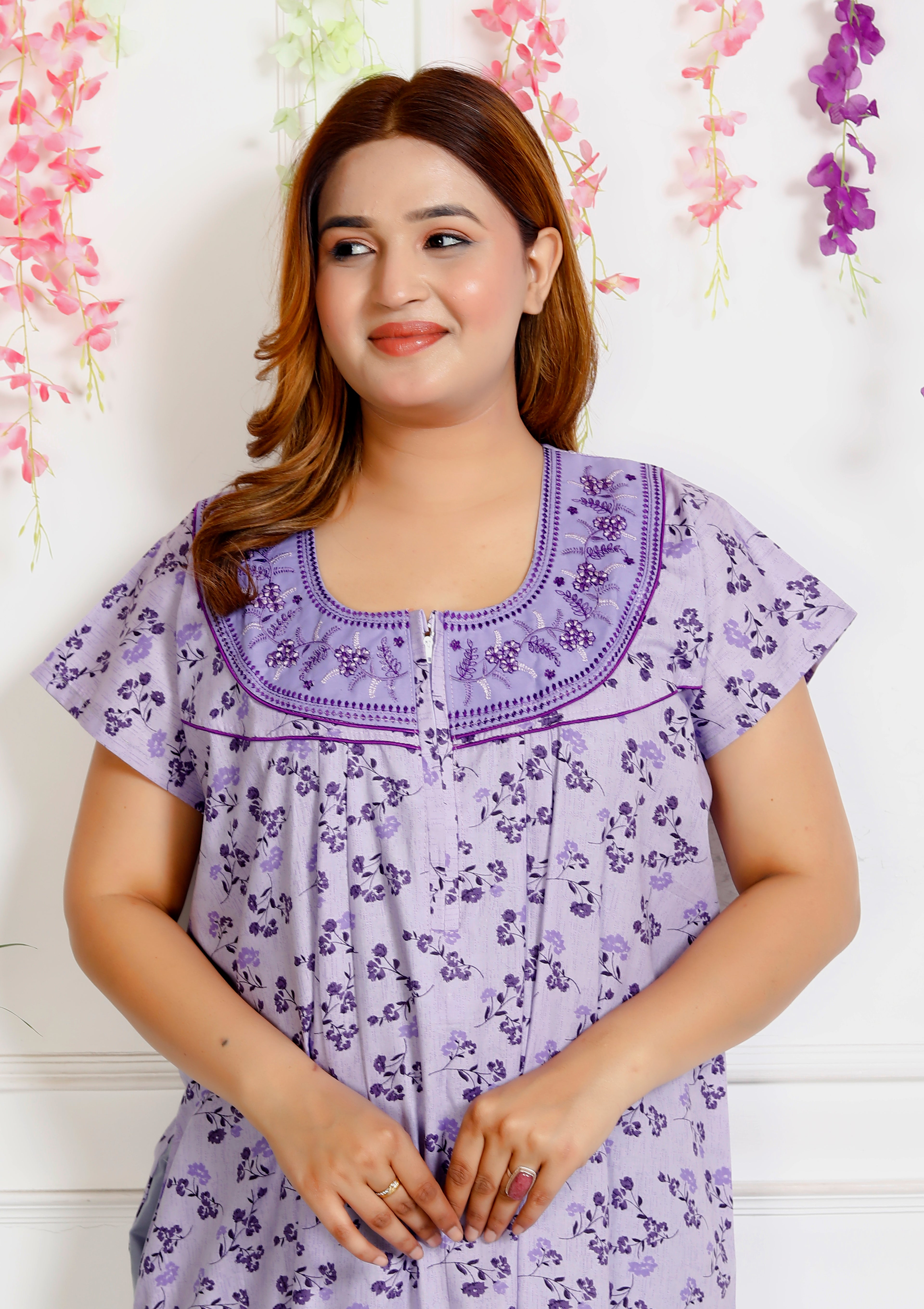 Women's Cotton Nightgown Maxi Embroidered Neck & Pocket (Lavender|)