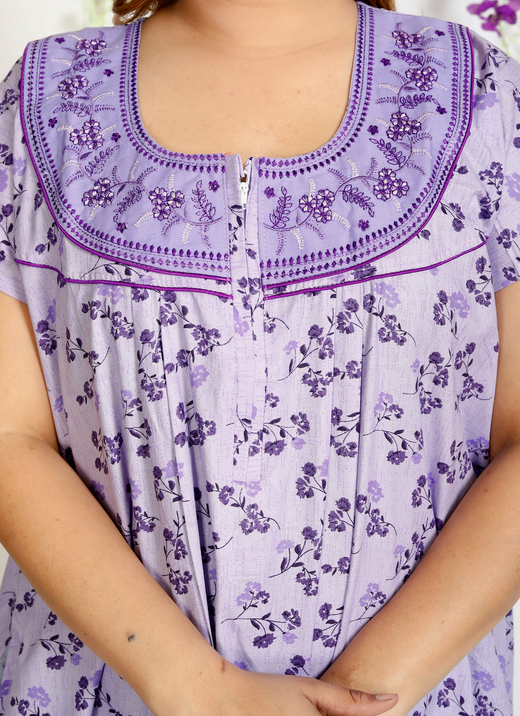 Women's Cotton Nightgown Maxi Embroidered Neck & Pocket (Lavender|)