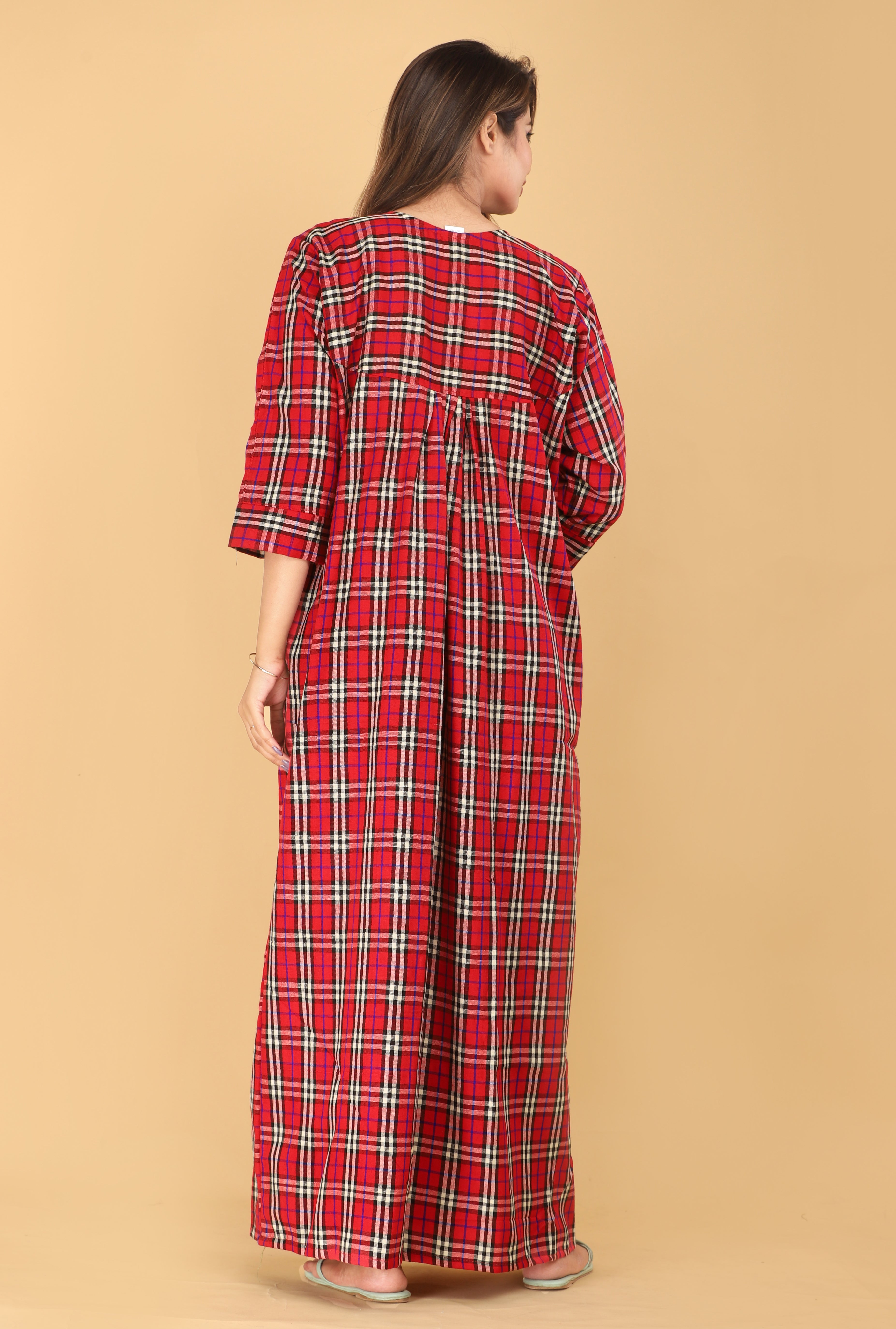 Red and Black Plaid Cotswool Nightgown with Long Sleeves for Women, Maxi Length, Night for Winters, Checks Design Free Size