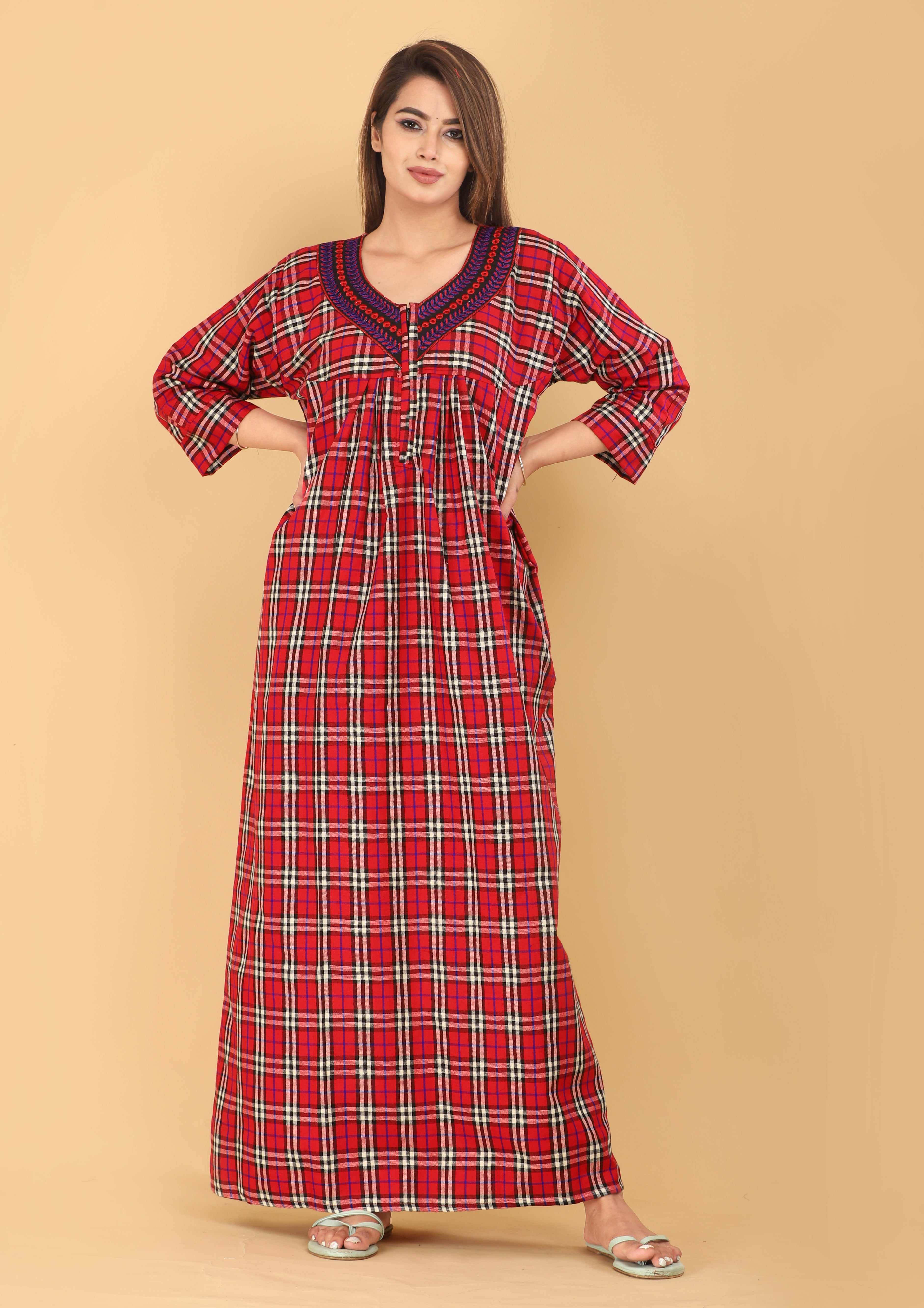 Red and Black Plaid Cotswool Nightgown with Long Sleeves for Women, Maxi Length, Night for Winters, Checks Design Free Size