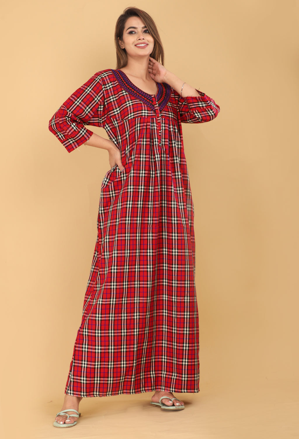 Red and Black Plaid Cotswool Nightgown with Long Sleeves for Women, Maxi Length, Night for Winters, Checks Design Free Size