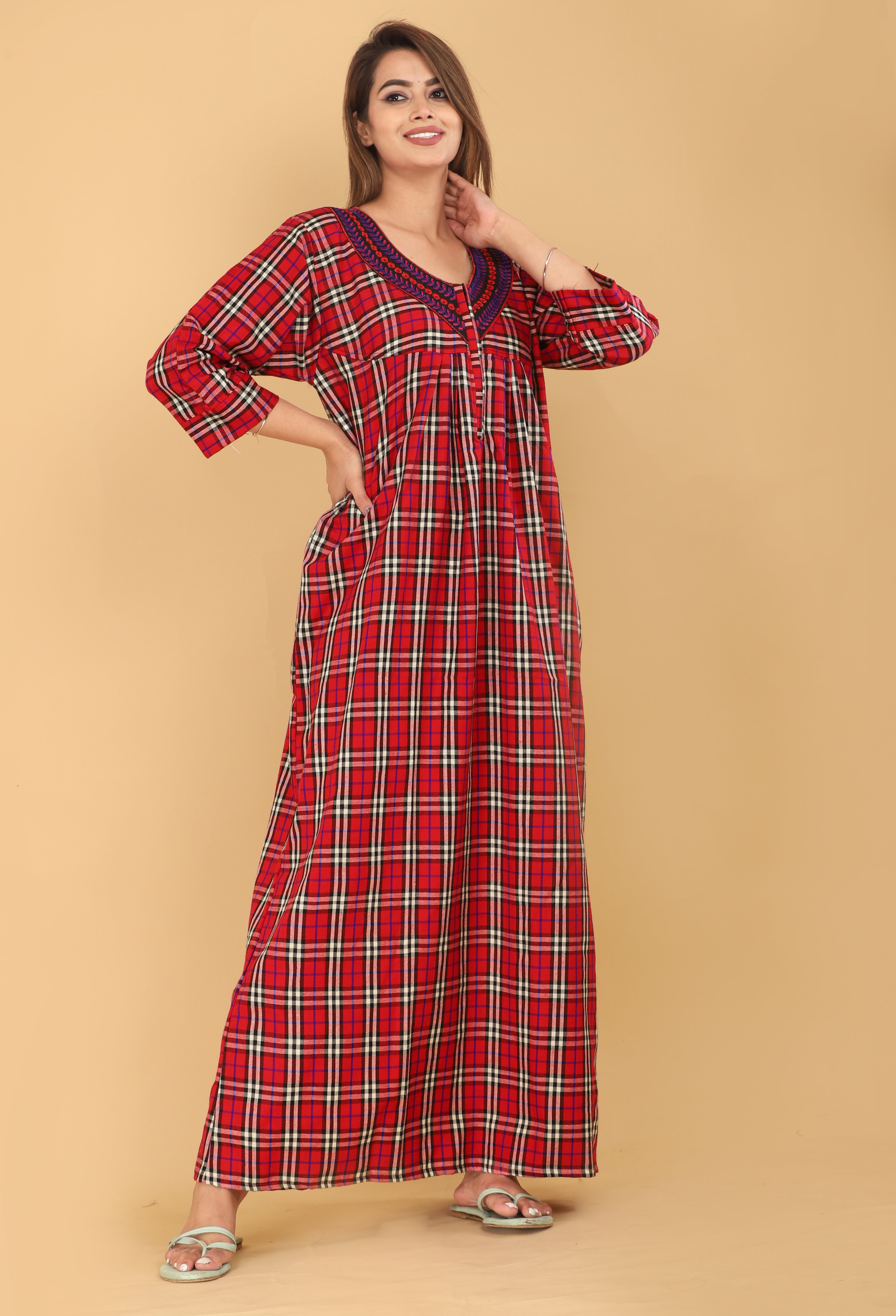 Red and Black Plaid Cotswool Nightgown with Long Sleeves for Women, Maxi Length, Night for Winters, Checks Design Free Size