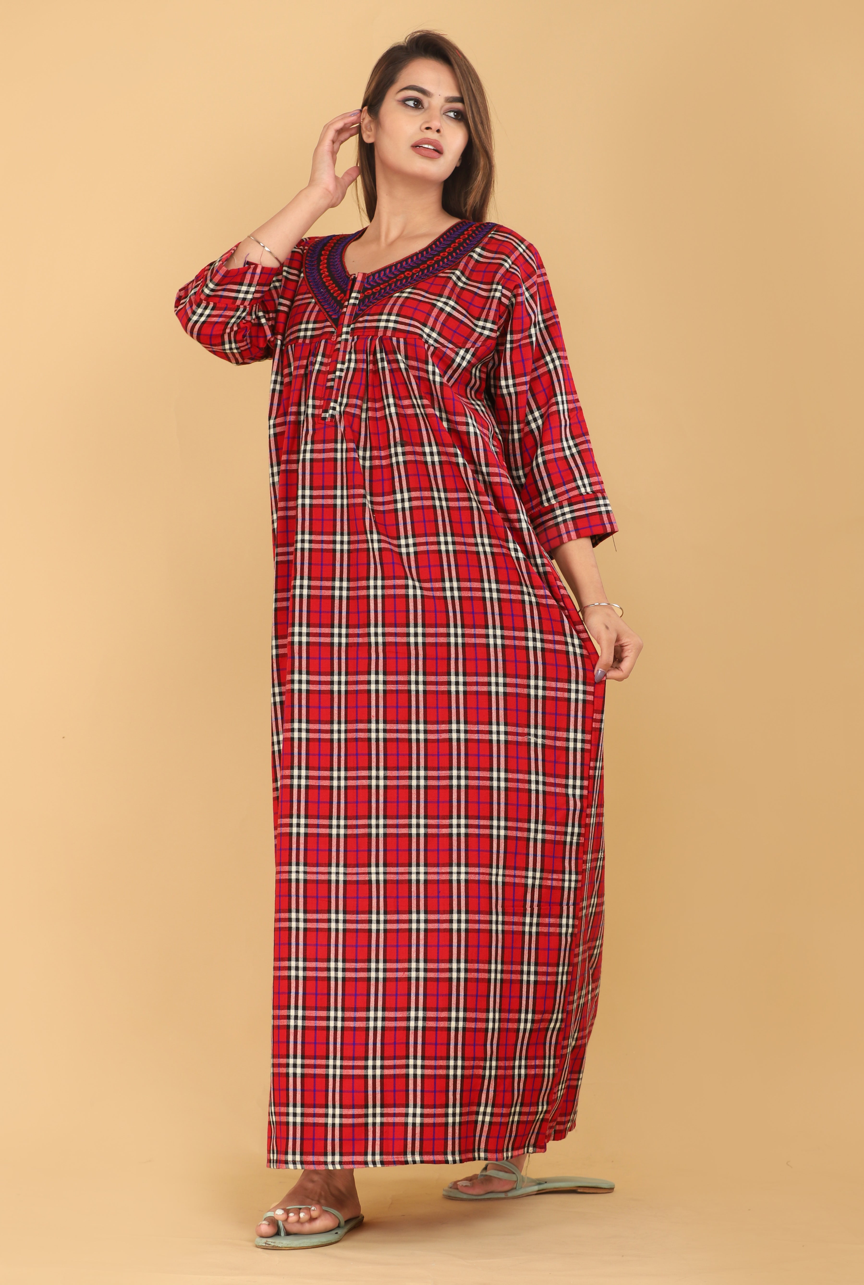 Red and Black Plaid Cotswool Nightgown with Long Sleeves for Women, Maxi Length, Night for Winters, Checks Design Free Size