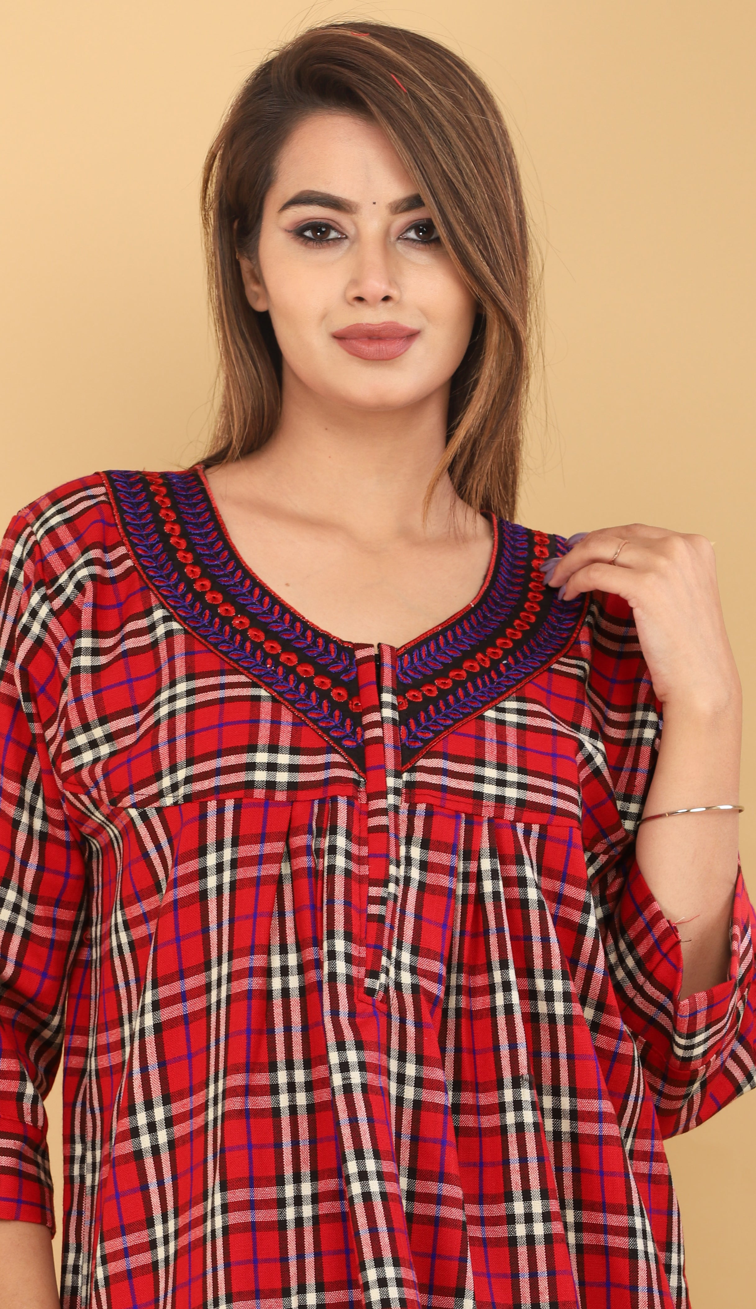 Red and Black Plaid Cotswool Nightgown with Long Sleeves for Women, Maxi Length, Night for Winters, Checks Design Free Size