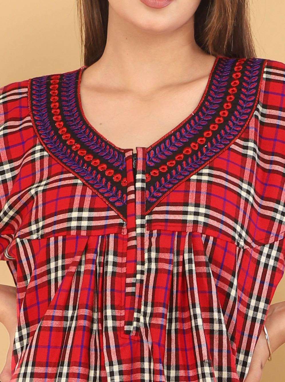 Red and Black Plaid Cotswool Nightgown with Long Sleeves for Women, Maxi Length, Night for Winters, Checks Design Free Size