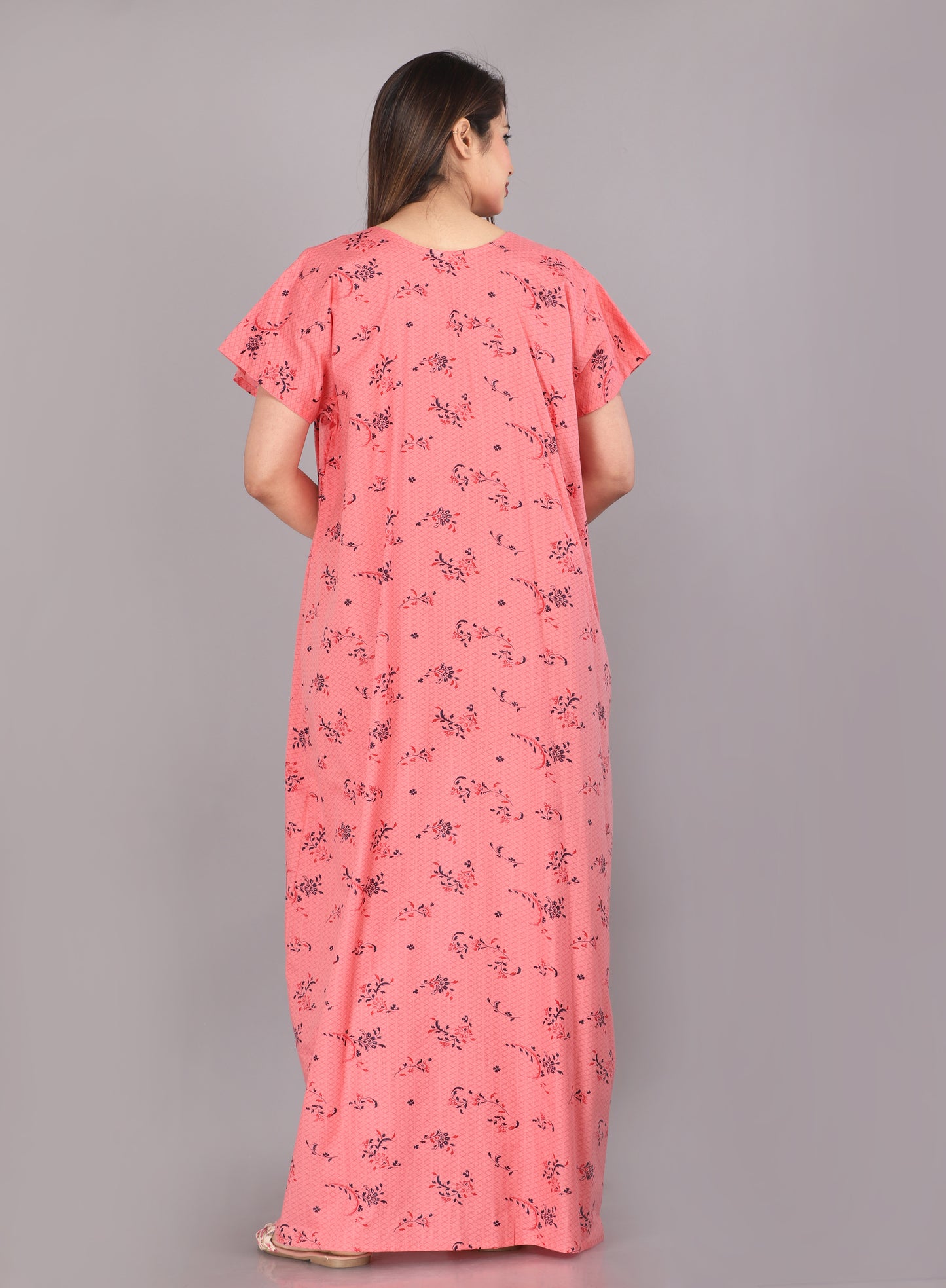 Cotton Floral Print Short Sleeve Nightgown with Side Pocket (Free Size, Pink)