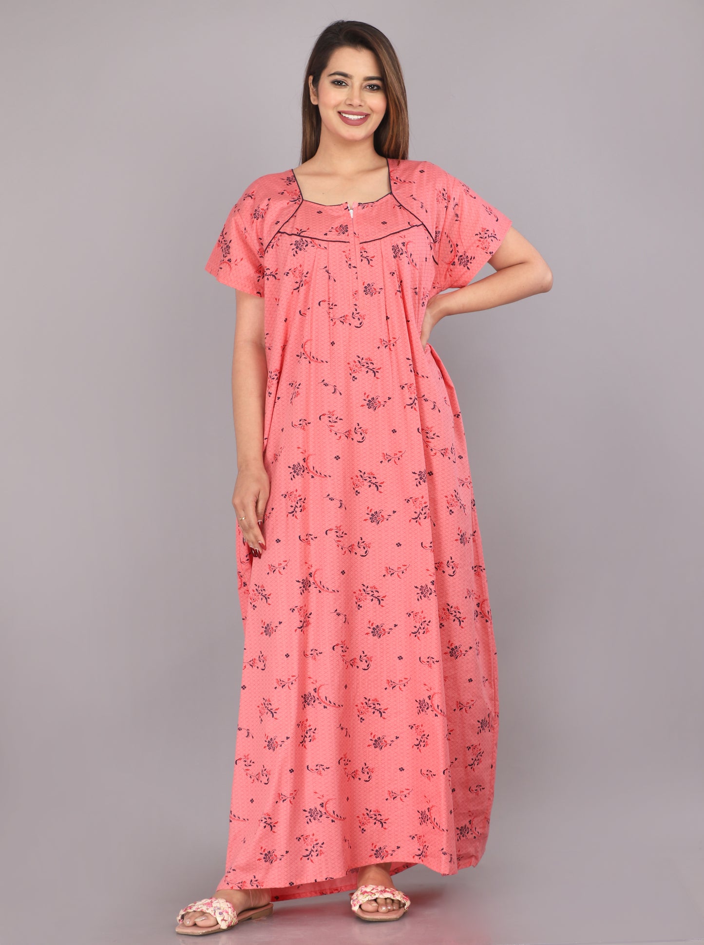 Cotton Floral Print Short Sleeve Nightgown with Side Pocket (Free Size, Pink)