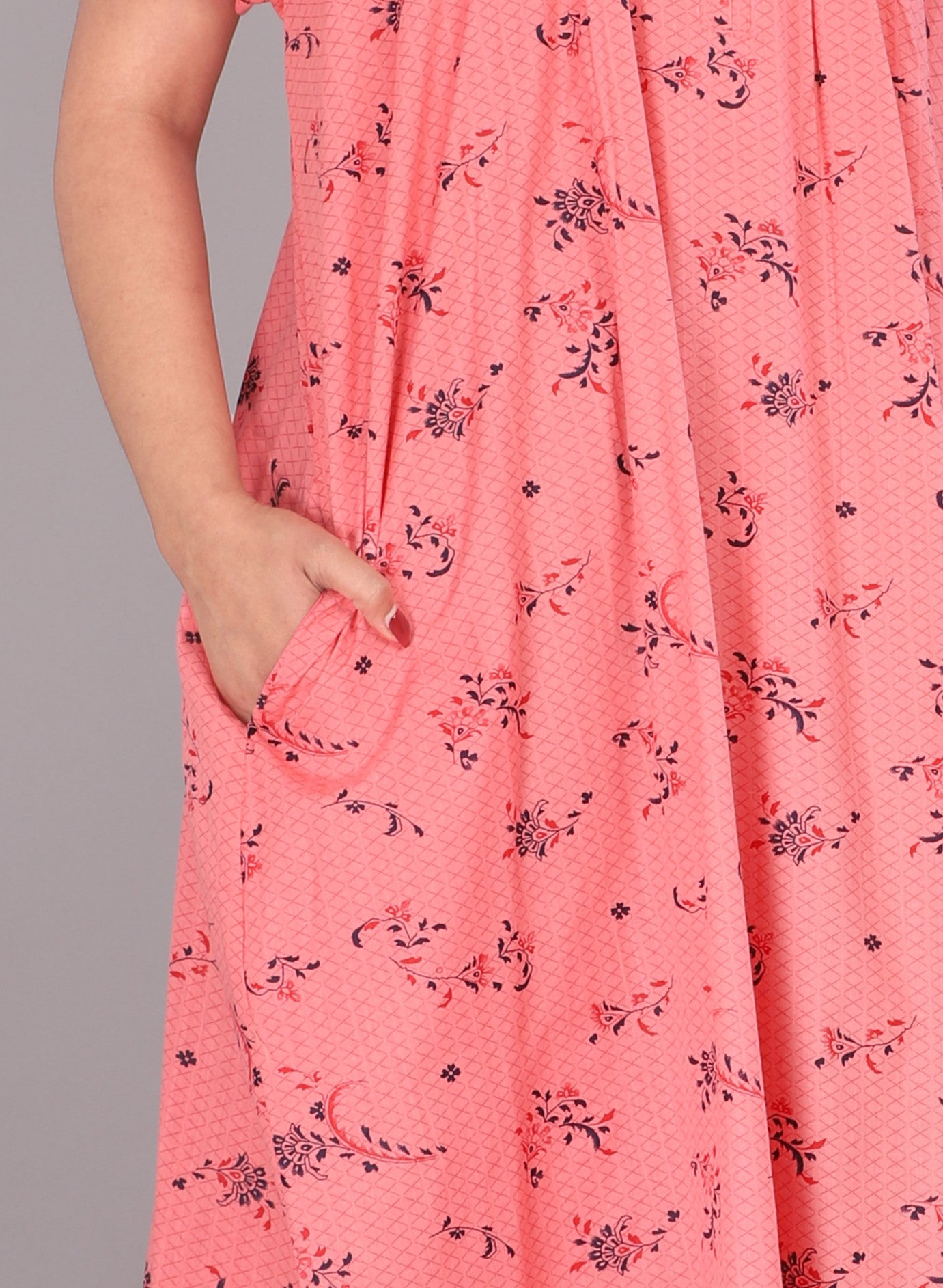 Cotton Floral Print Short Sleeve Nightgown with Side Pocket (Free Size, Pink)