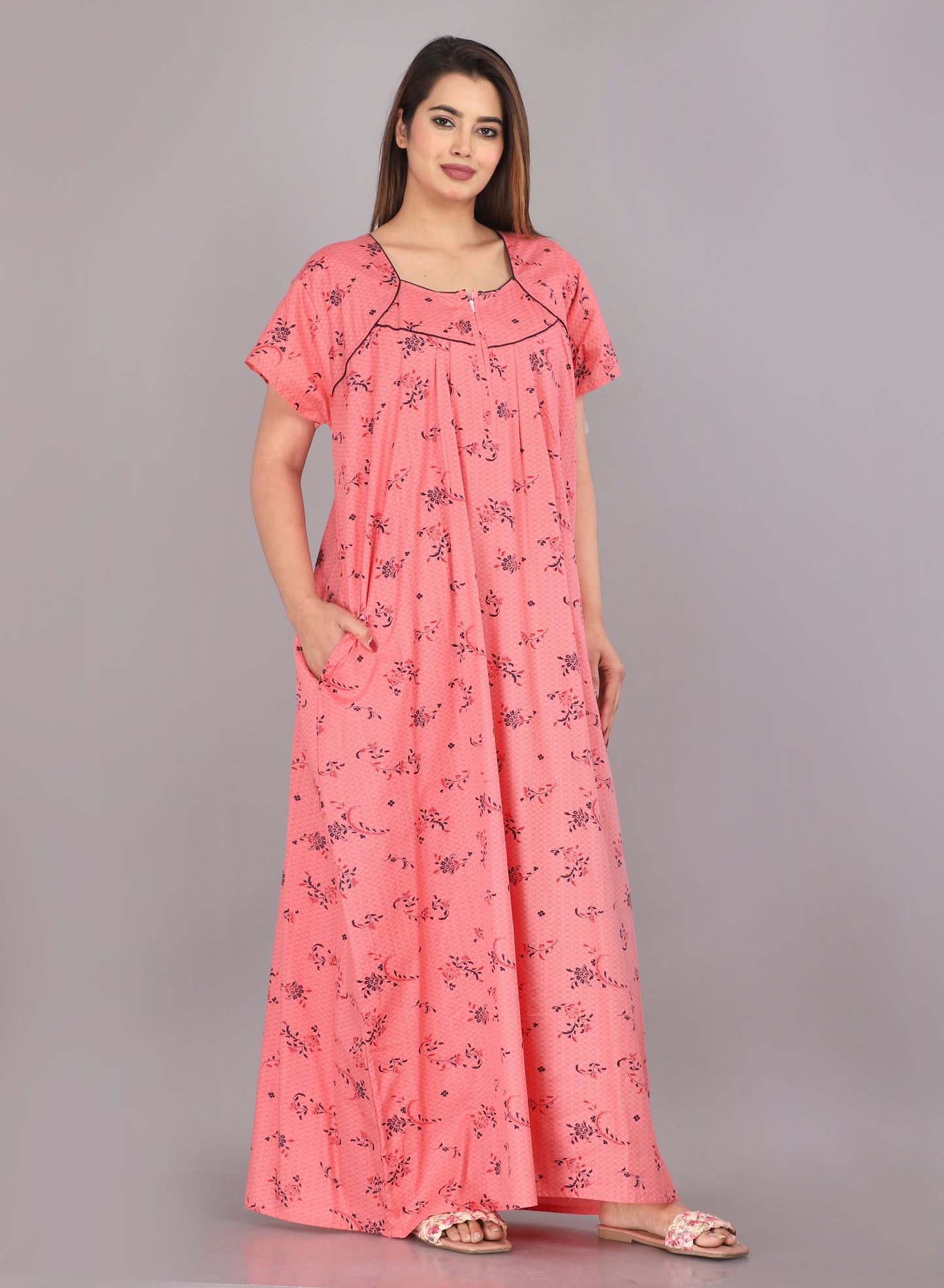 Cotton Floral Print Short Sleeve Nightgown with Side Pocket (Free Size, Pink)