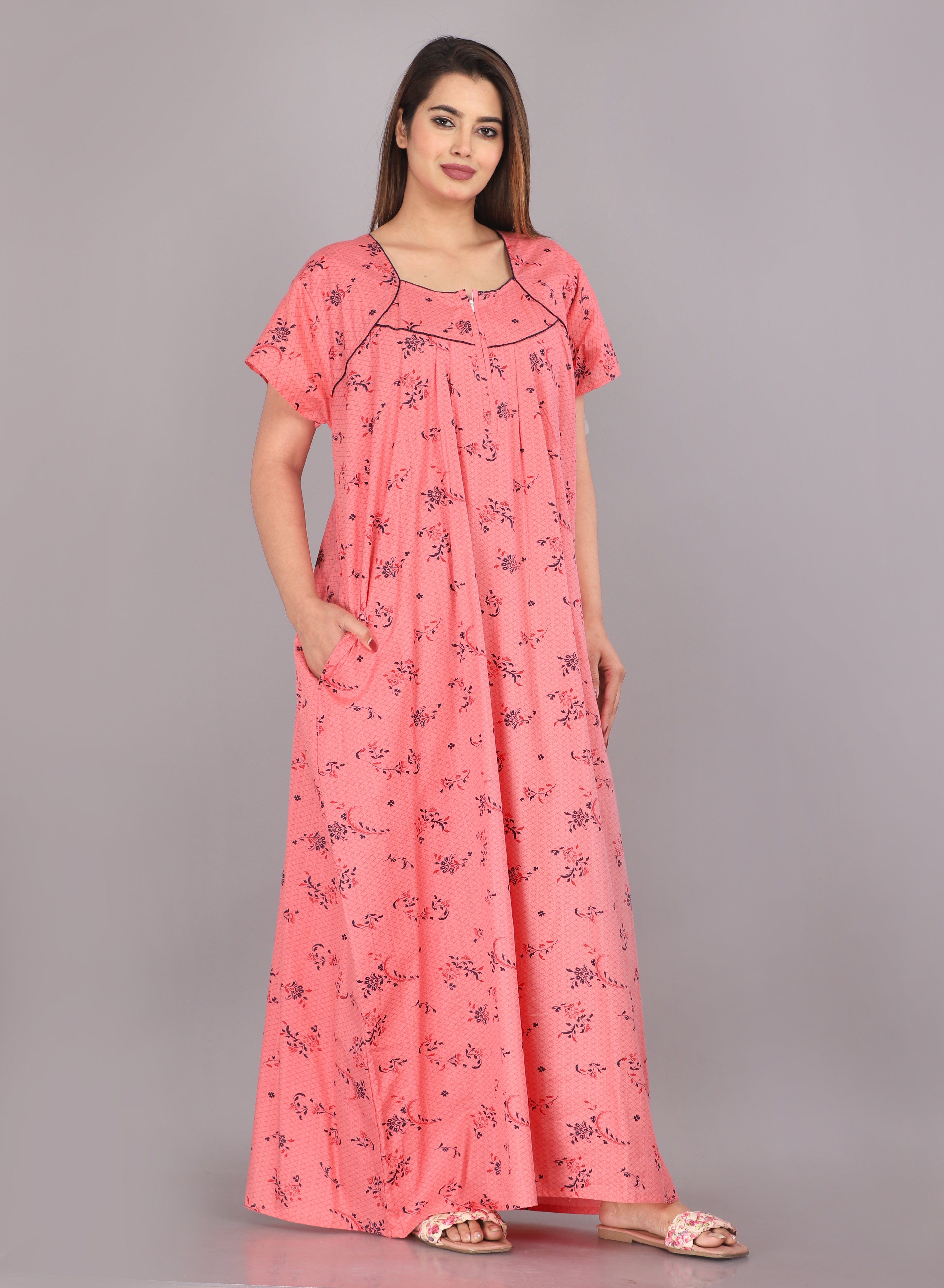 Cotton Floral Print Short Sleeve Nightgown with Side Pocket (Free Size, Pink)