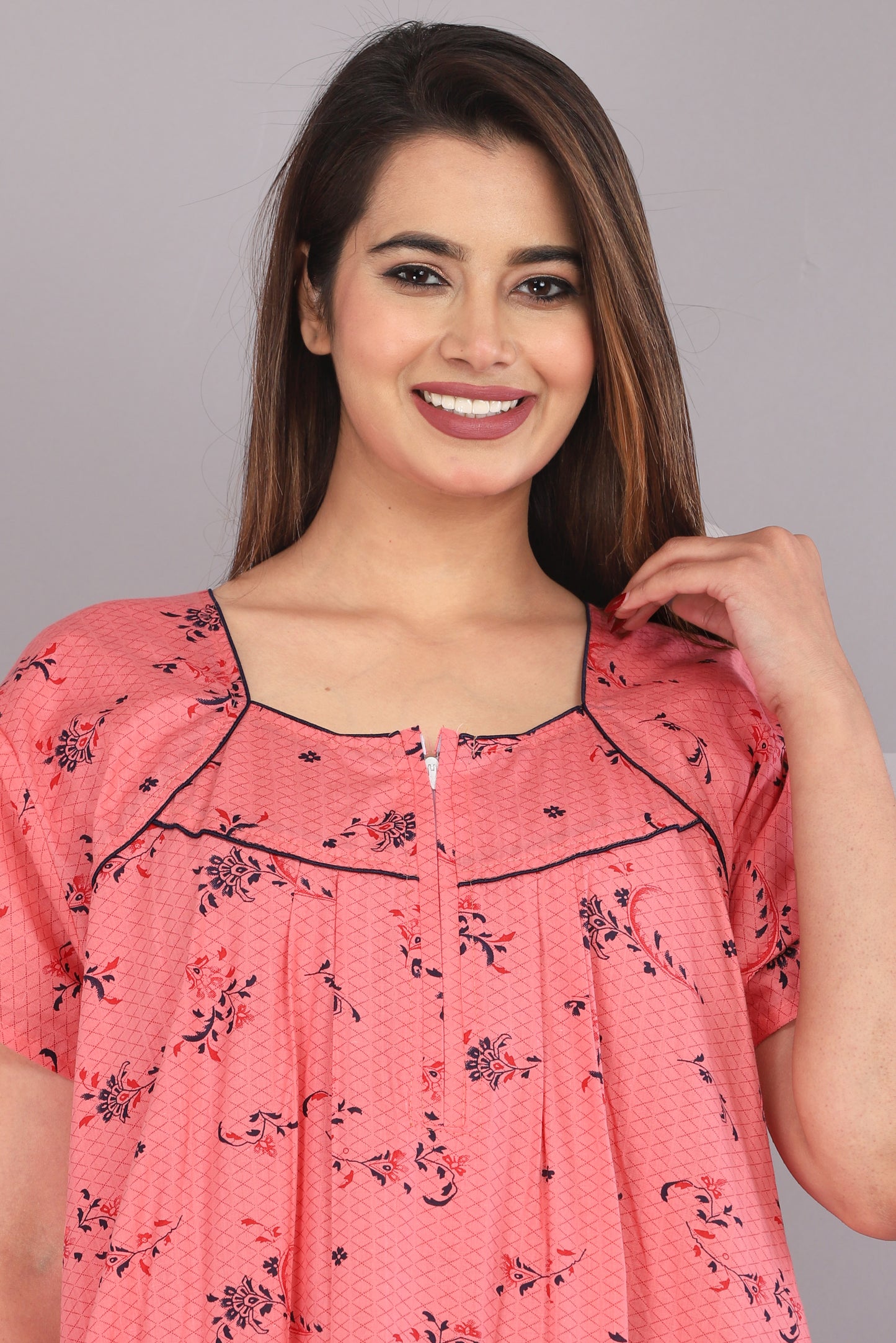Cotton Floral Print Short Sleeve Nightgown with Side Pocket (Free Size, Pink)
