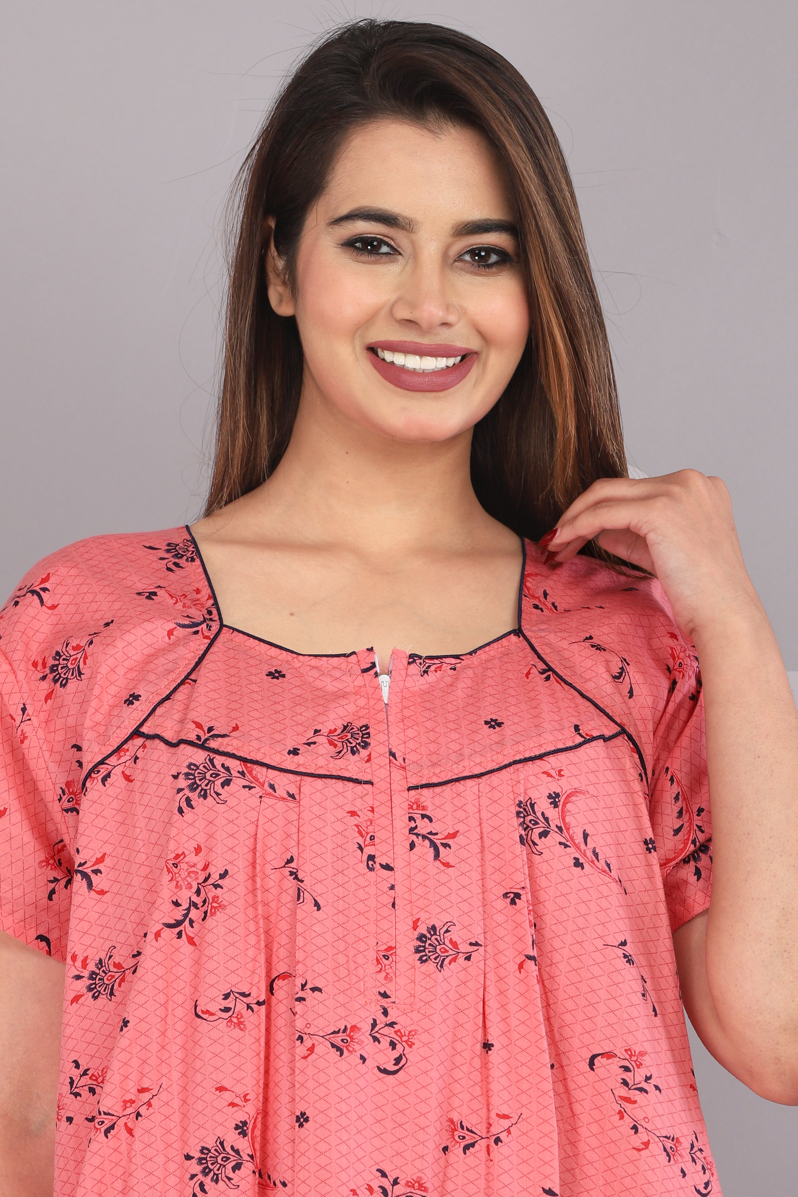 Cotton Floral Print Short Sleeve Nightgown with Side Pocket (Free Size, Pink)