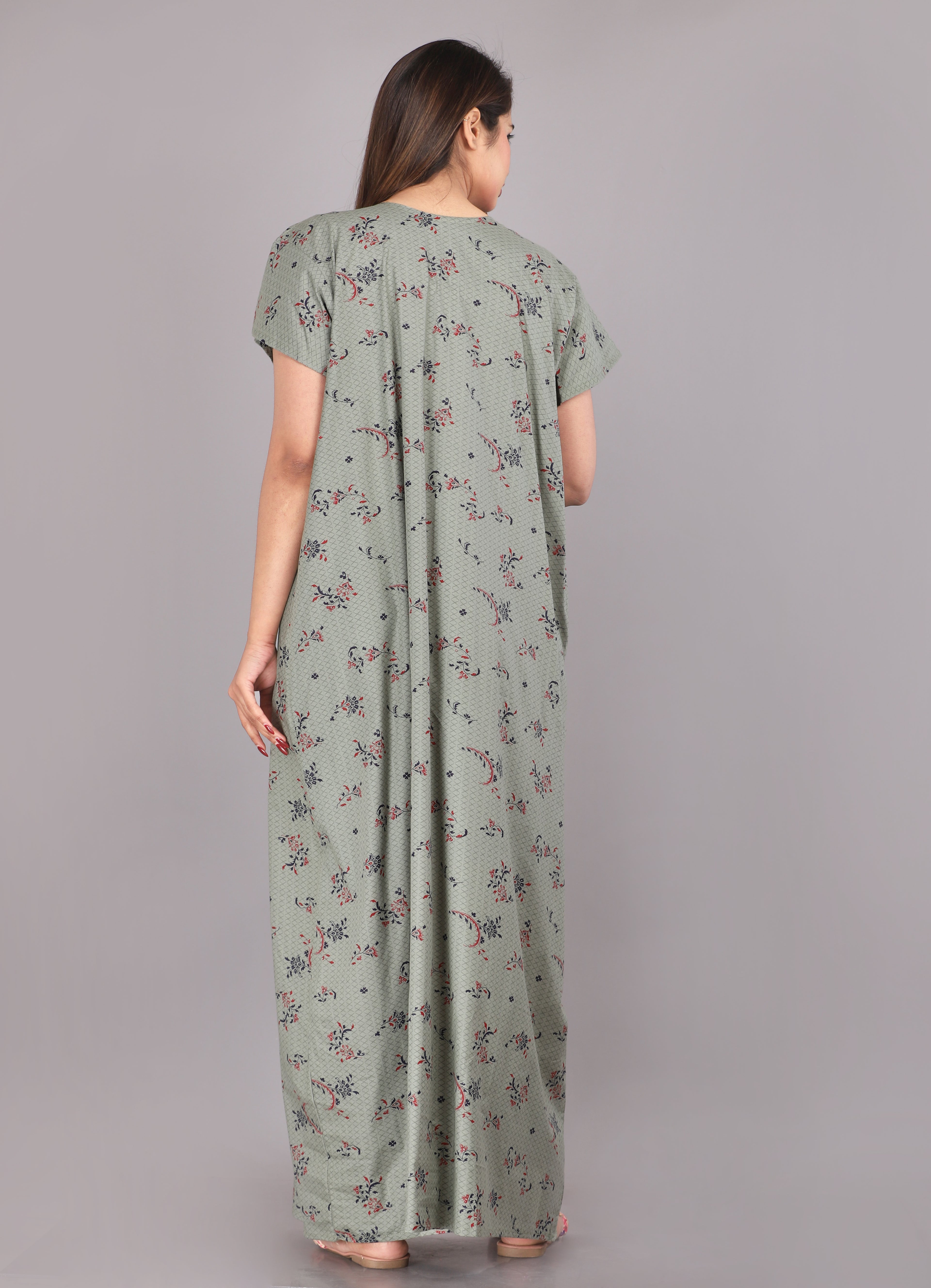 Women Cotton Floral Print Short Sleeve Nightgown With Side Pocket,(Free Size, Cardamom Grey)