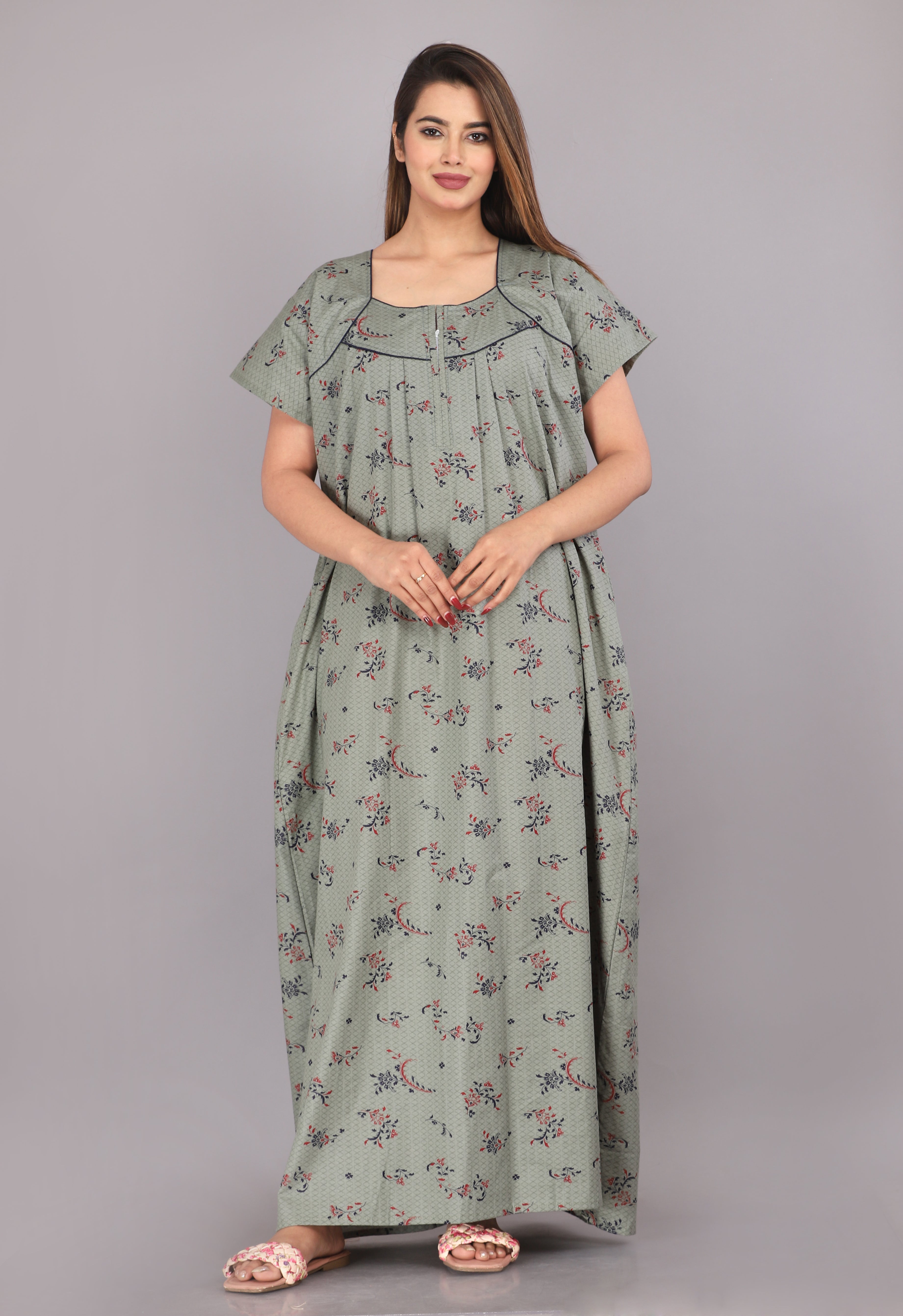 Women Cotton Floral Print Short Sleeve Nightgown With Side Pocket,(Free Size, Cardamom Grey)