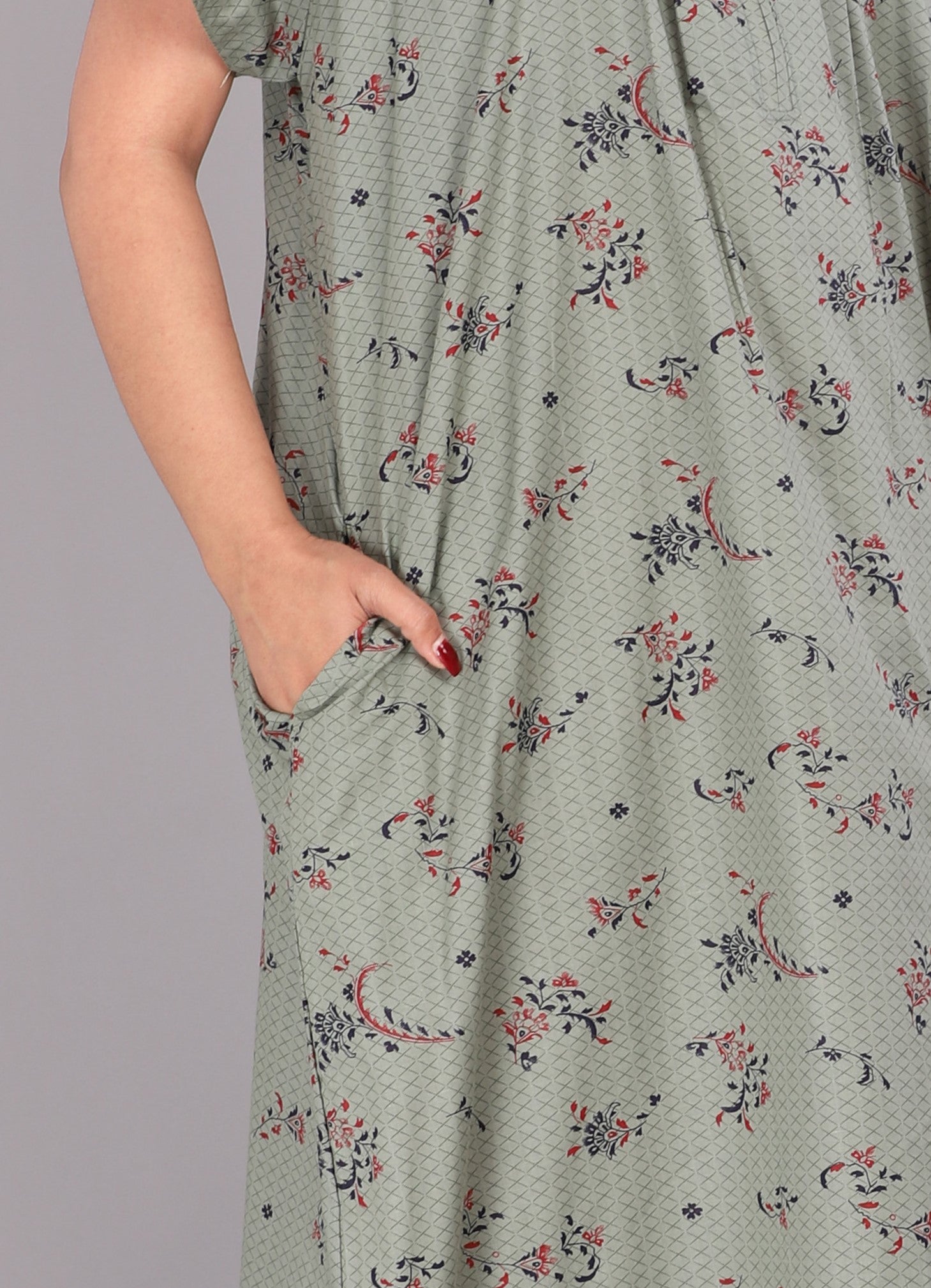 Women Cotton Floral Print Short Sleeve Nightgown With Side Pocket,(Free Size, Cardamom Grey)