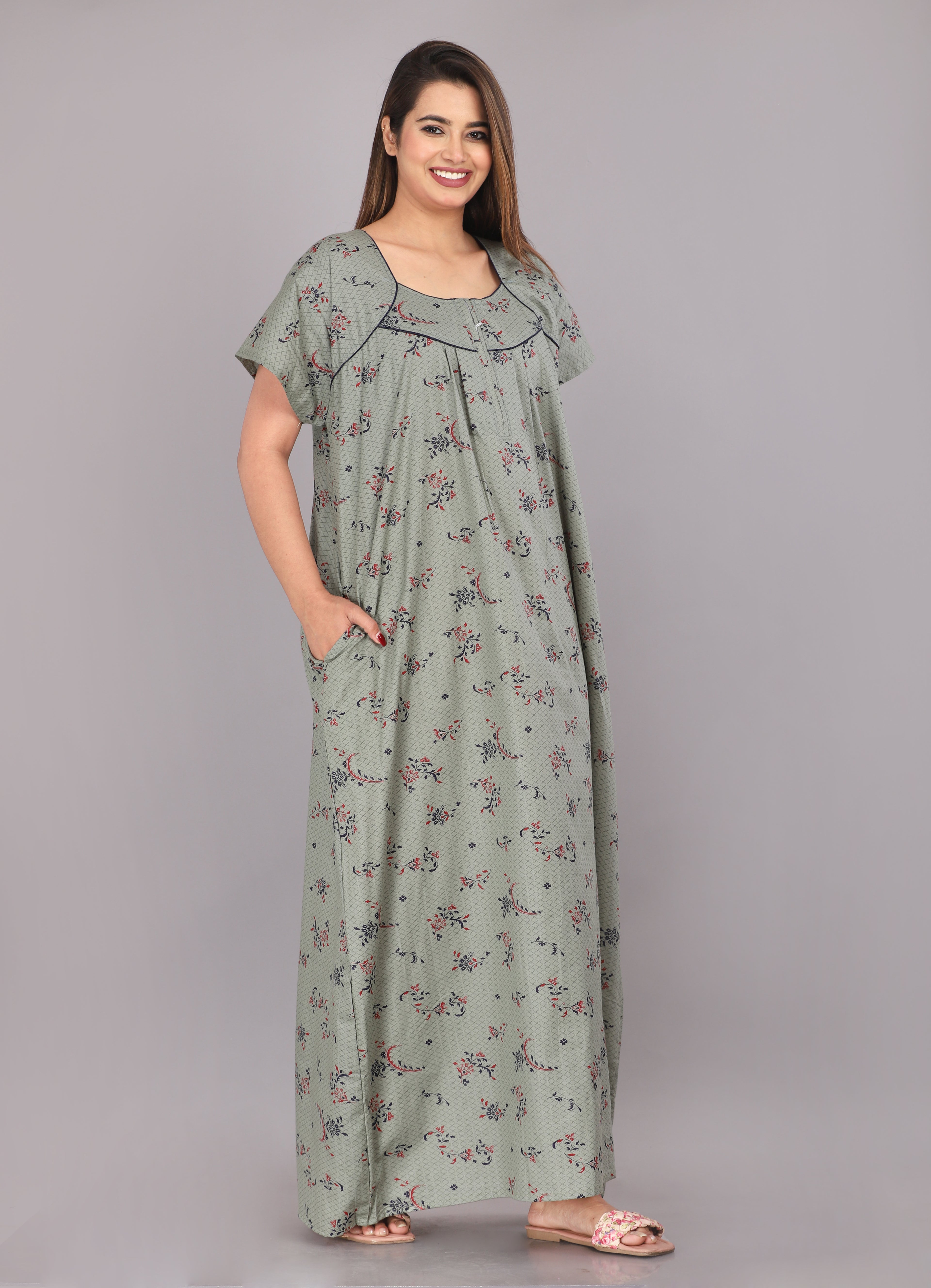 Women Cotton Floral Print Short Sleeve Nightgown With Side Pocket,(Free Size, Cardamom Grey)