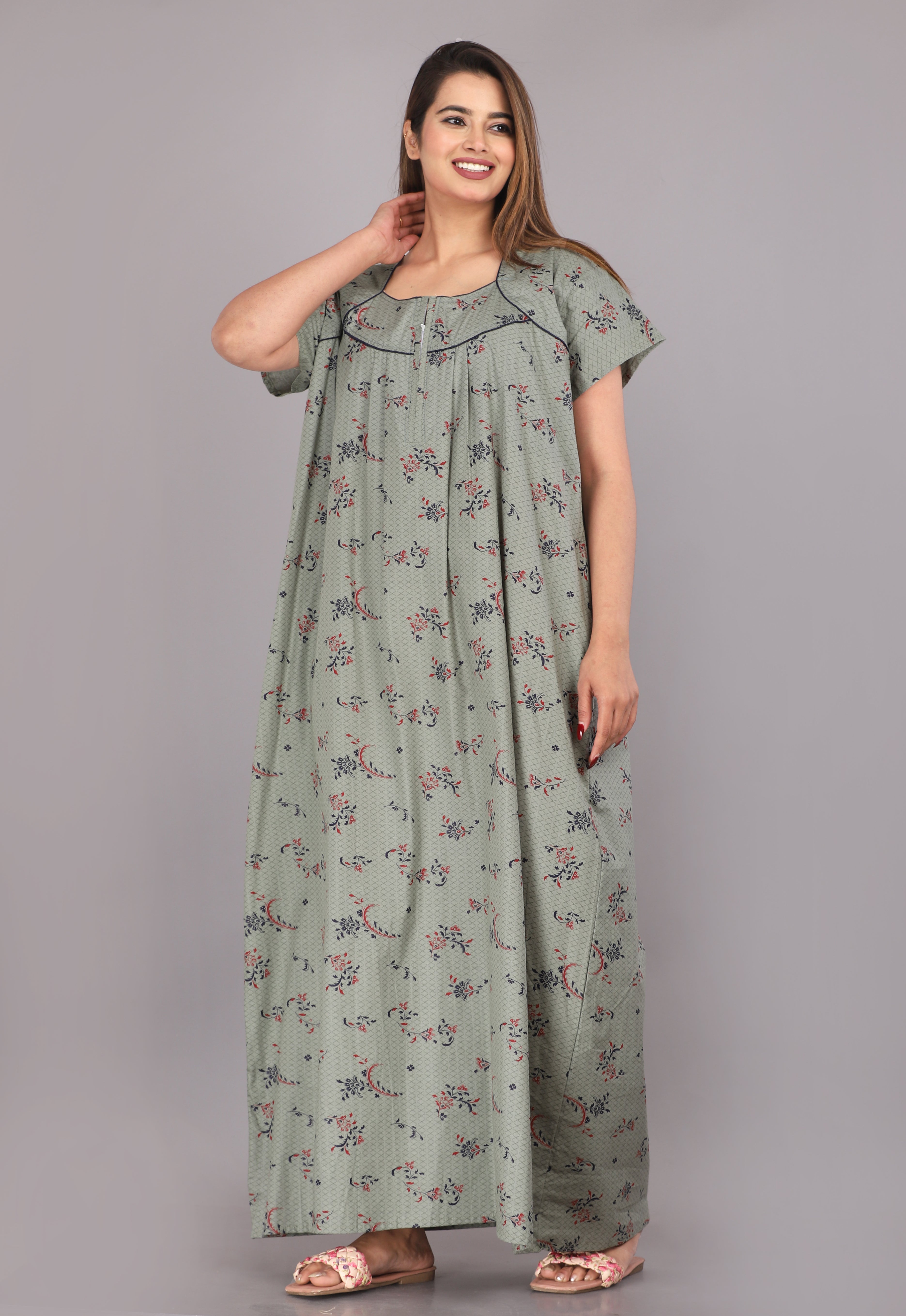 Women Cotton Floral Print Short Sleeve Nightgown With Side Pocket,(Free Size, Cardamom Grey)