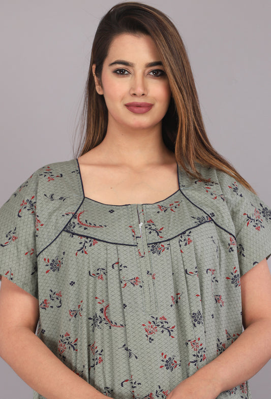 Women Cotton Floral Print Short Sleeve Nightgown With Side Pocket,(Free Size, Cardamom Grey)