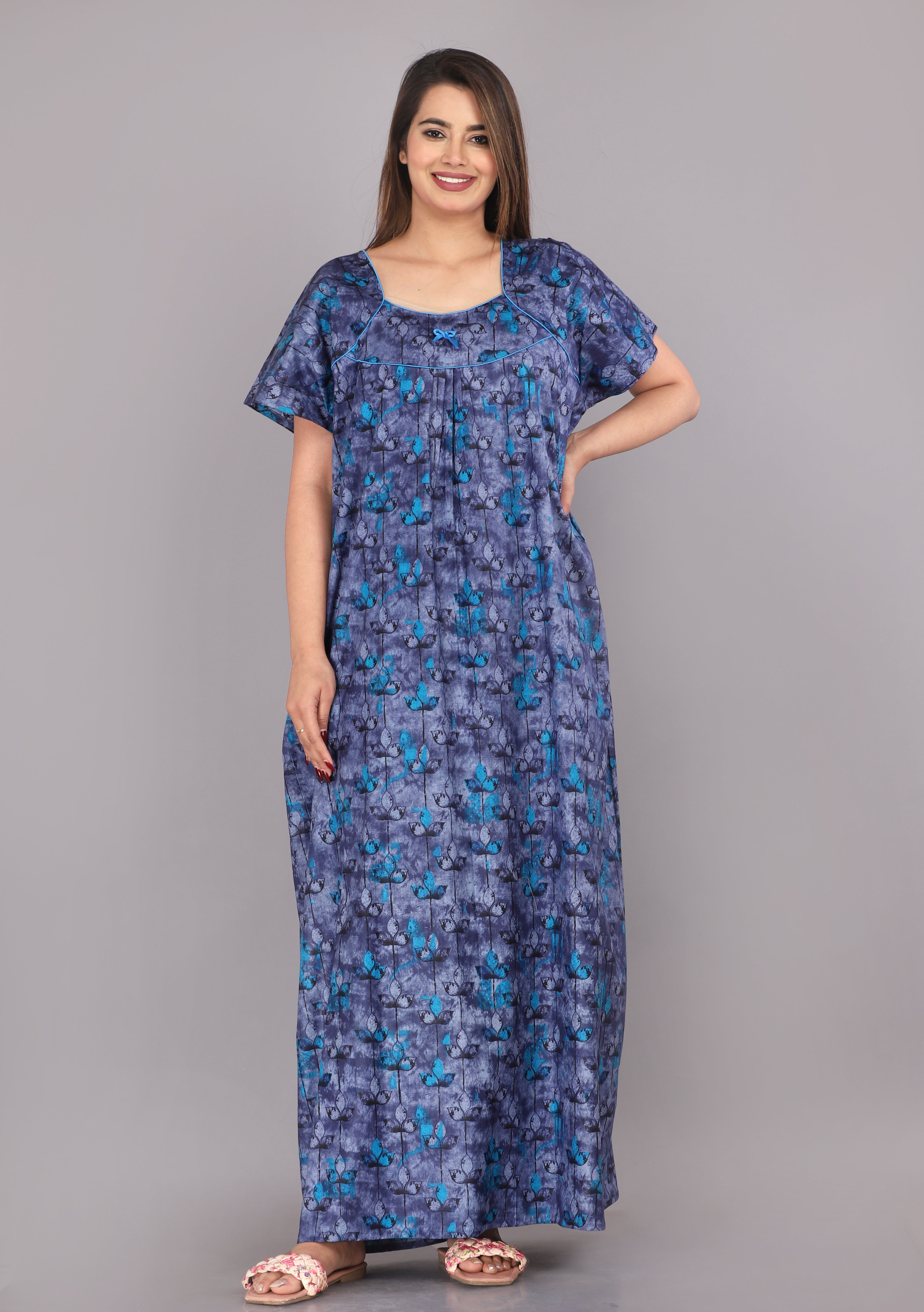 Women Cotton Floral Nightgown With Short Sleeves, Full Length And With Side Pockets (Free Size, Blue)