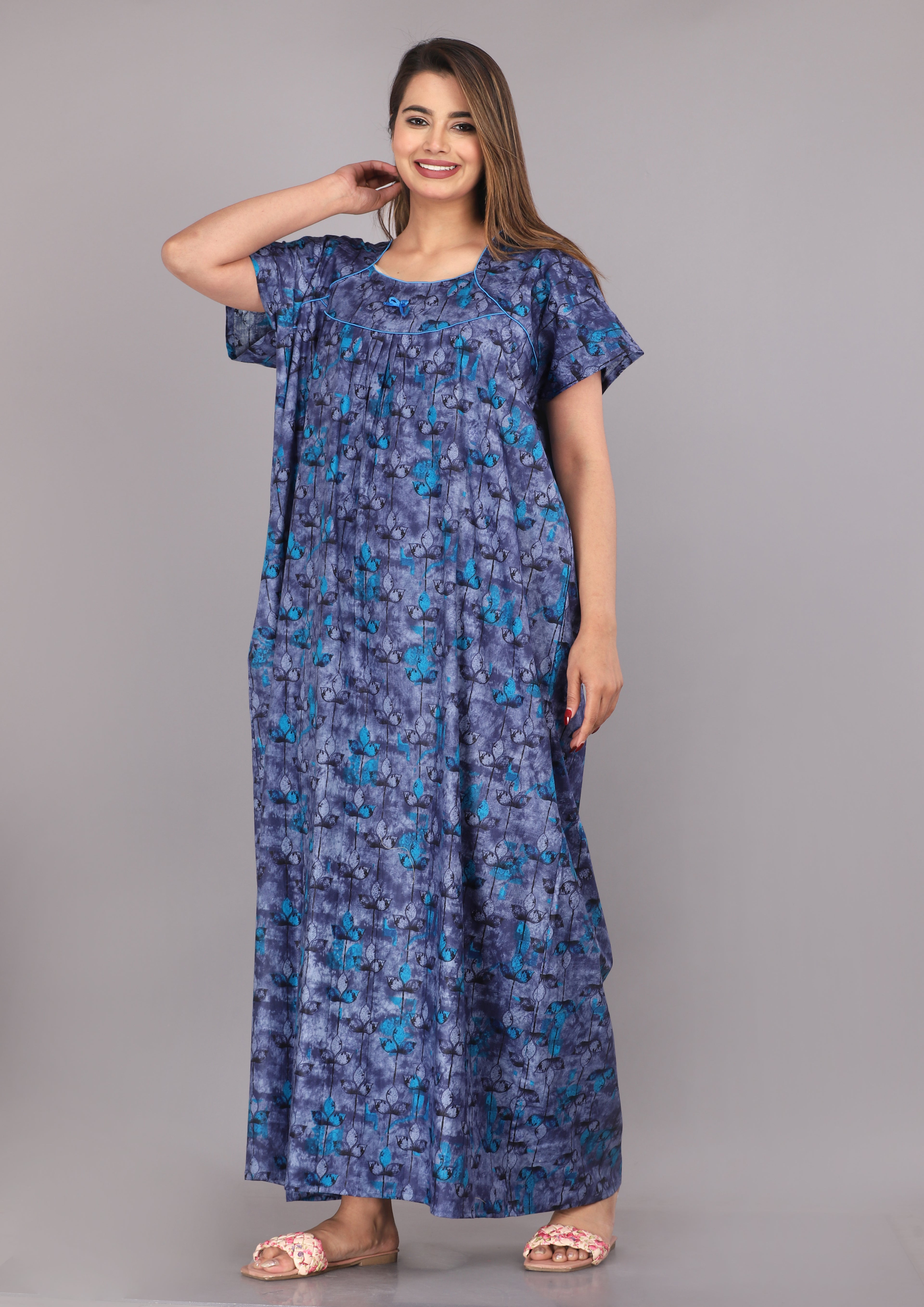 Women Cotton Floral Nightgown With Short Sleeves, Full Length And With Side Pockets (Free Size, Blue)