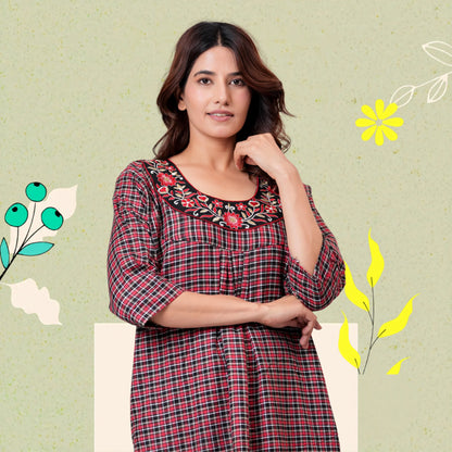 Woman wearing HARGUN brown cots wool winter nightgown with full sleeves.