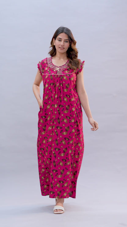 HARGUN NIGHT WEAR Women's Elegant Cotton Nightgown with Pocket & Embroidered Neck Design (Raani Pink, Free Size)