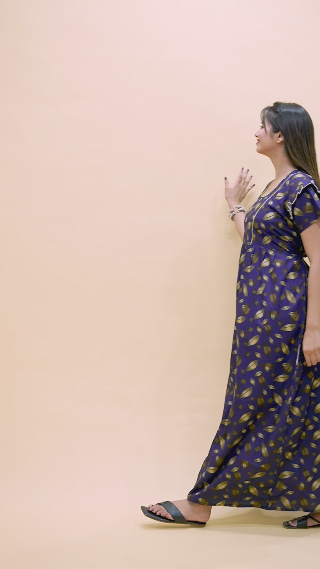 Women's Cotton Floral Print Maxi Nightgown (Navy Blue)