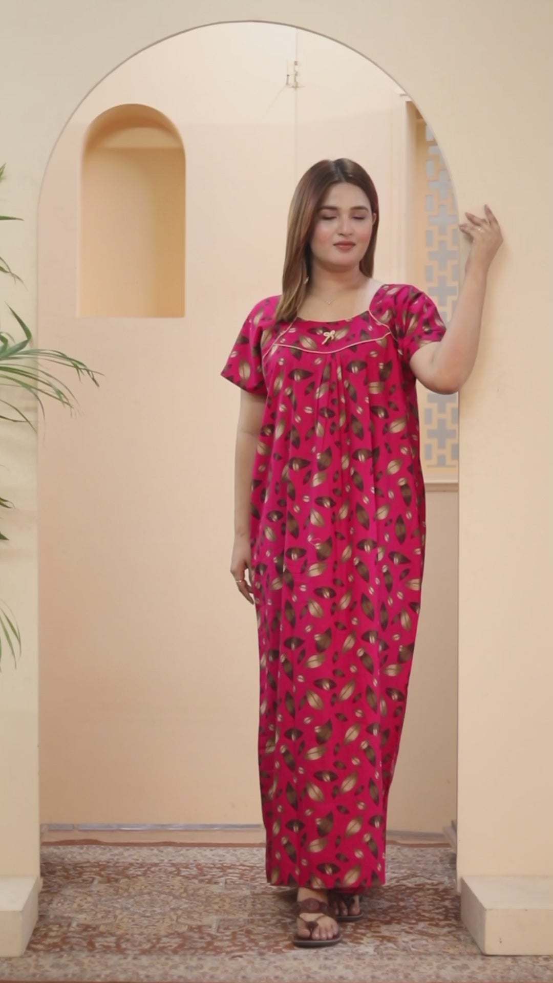 Short Sleeves Nightgown for Women, Cotton, Full Length,  (XL, Navy Blue, Dark Pink)