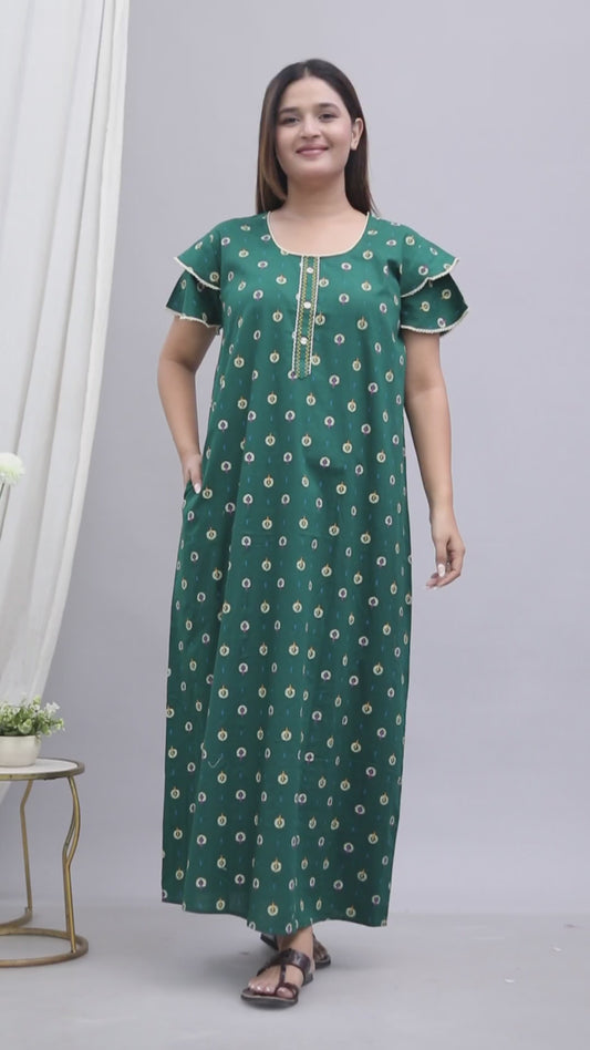 Dark Green Pure Cotton Printed Nighty Maxi with Side Pocket | Soft & Breathable Women’s Nightgown