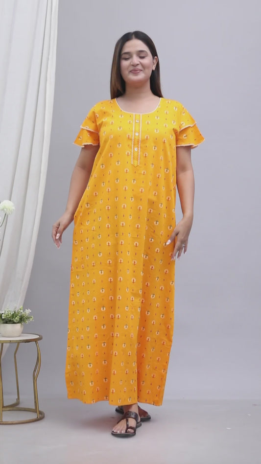 Bright Yellow Pure Cotton Printed Nighty Maxi with Side Pocket | Soft & Breathable Women’s Nightgown