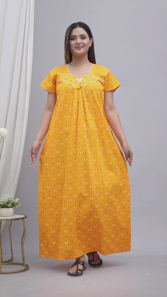 Women’s Pure Cotton Maxi Nighty – Soft Printed Night Dress for Daily Comfort (Yellow)