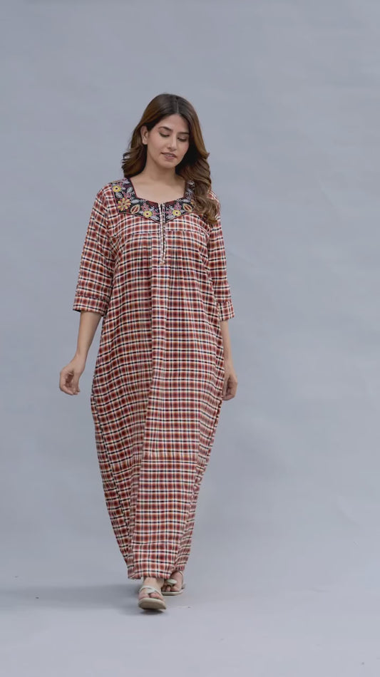 Women’s Cotswool Checkered Nightgown | Full Length Soft Night Wear with Embroidered Neck | Comfortable Lounge & Sleep Dress