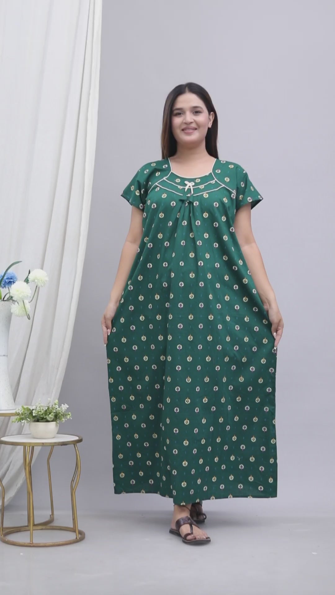 Women’s Pure Cotton Maxi Nighty – Soft Printed Night Dress for Daily Comfort (Green)