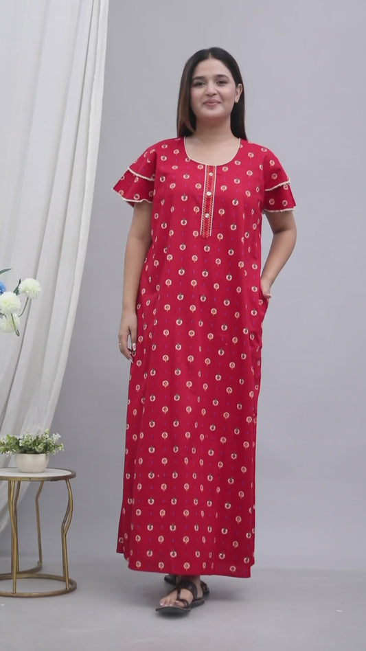 Deep Red Pure Cotton Printed Nighty Maxi with Side Pocket | Soft & Breathable Women’s Nightgown