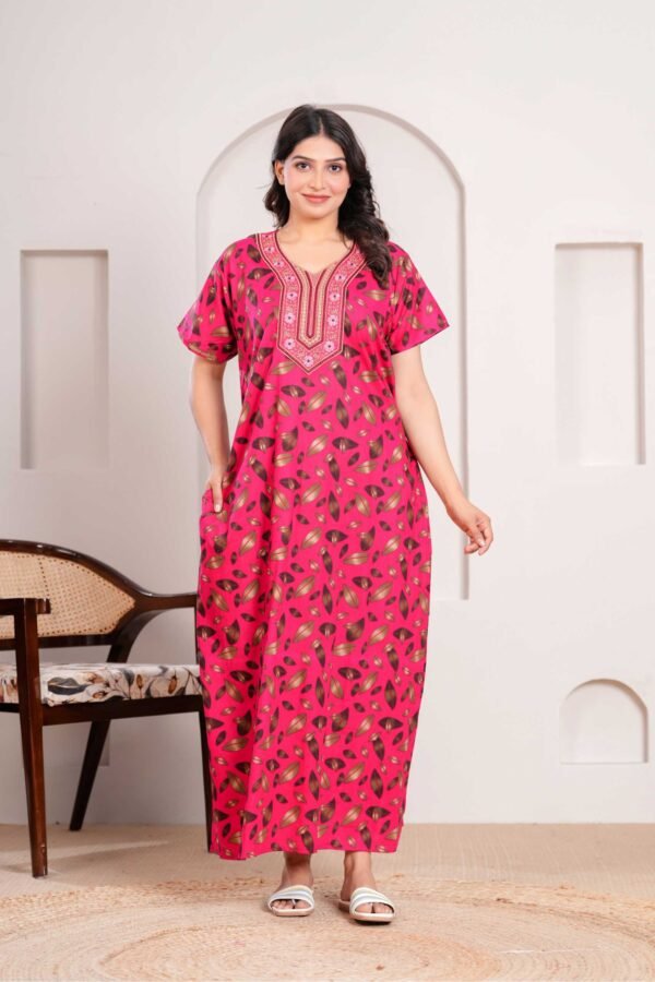 Raani Pink Cotton Embroidery Night Dress for Women - Image 2