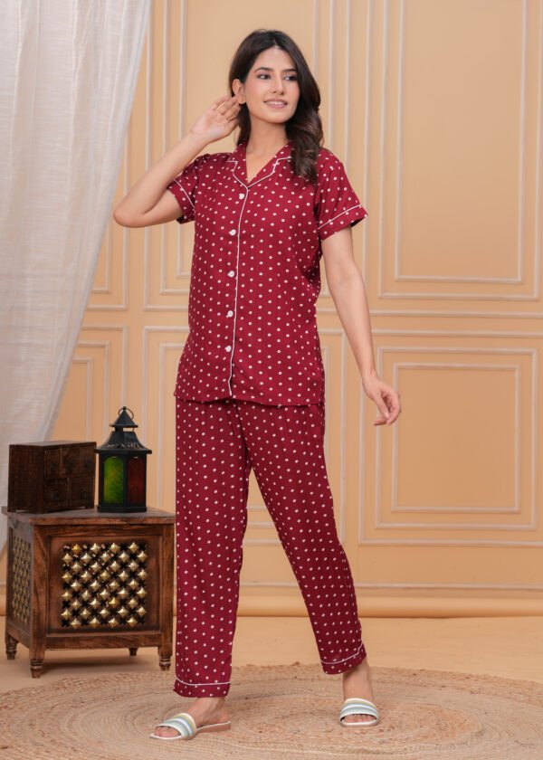 Hargun Nightwear Women's Dark Pink Polka Dot Cotton Blend Night Suit - Shirt & Pajama Set - Image 3