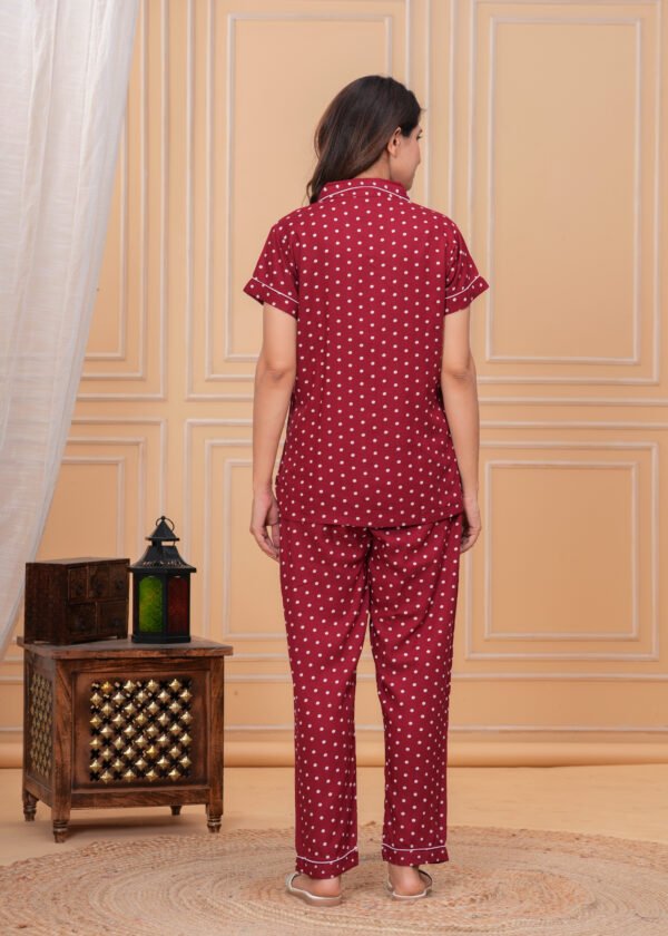 Hargun Nightwear Women's Dark Pink Polka Dot Cotton Blend Night Suit - Shirt & Pajama Set - Image 4