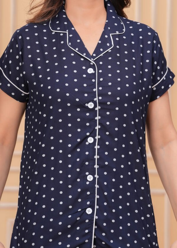 HARGUN NIGHTWEAR Women's Navy Blue Polka Dot Cotton Blend Night Suit - Shirt & Pajama Set - Image 7