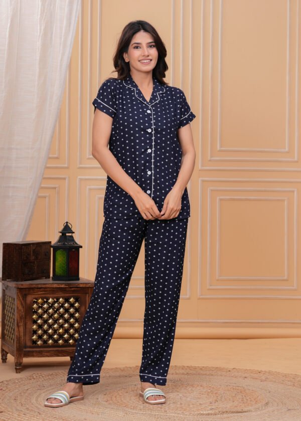 HARGUN NIGHTWEAR Women's Navy Blue Polka Dot Cotton Blend Night Suit - Shirt & Pajama Set - Image 6