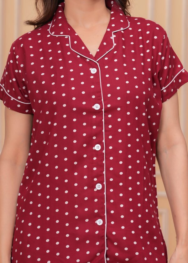 Hargun Nightwear Women's Dark Pink Polka Dot Cotton Blend Night Suit - Shirt & Pajama Set - Image 8