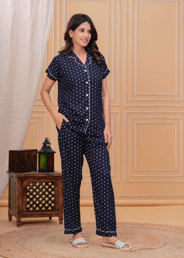 HARGUN NIGHTWEAR Women's Navy Blue Polka Dot Cotton Blend Night Suit - Shirt & Pajama Set - Image 5