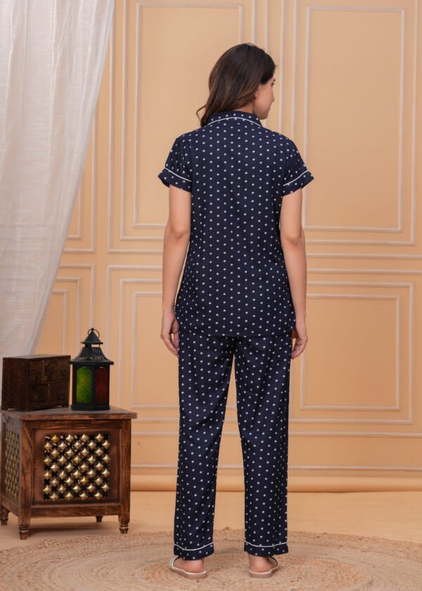 HARGUN NIGHTWEAR Women's Navy Blue Polka Dot Cotton Blend Night Suit - Shirt & Pajama Set - Image 2